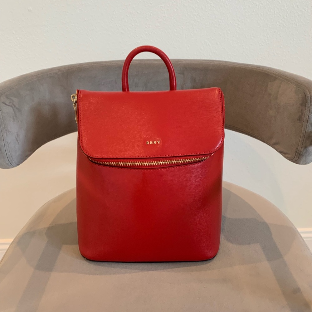 DKNY Red Leather Structured Mini Backpack with Gold Hardware